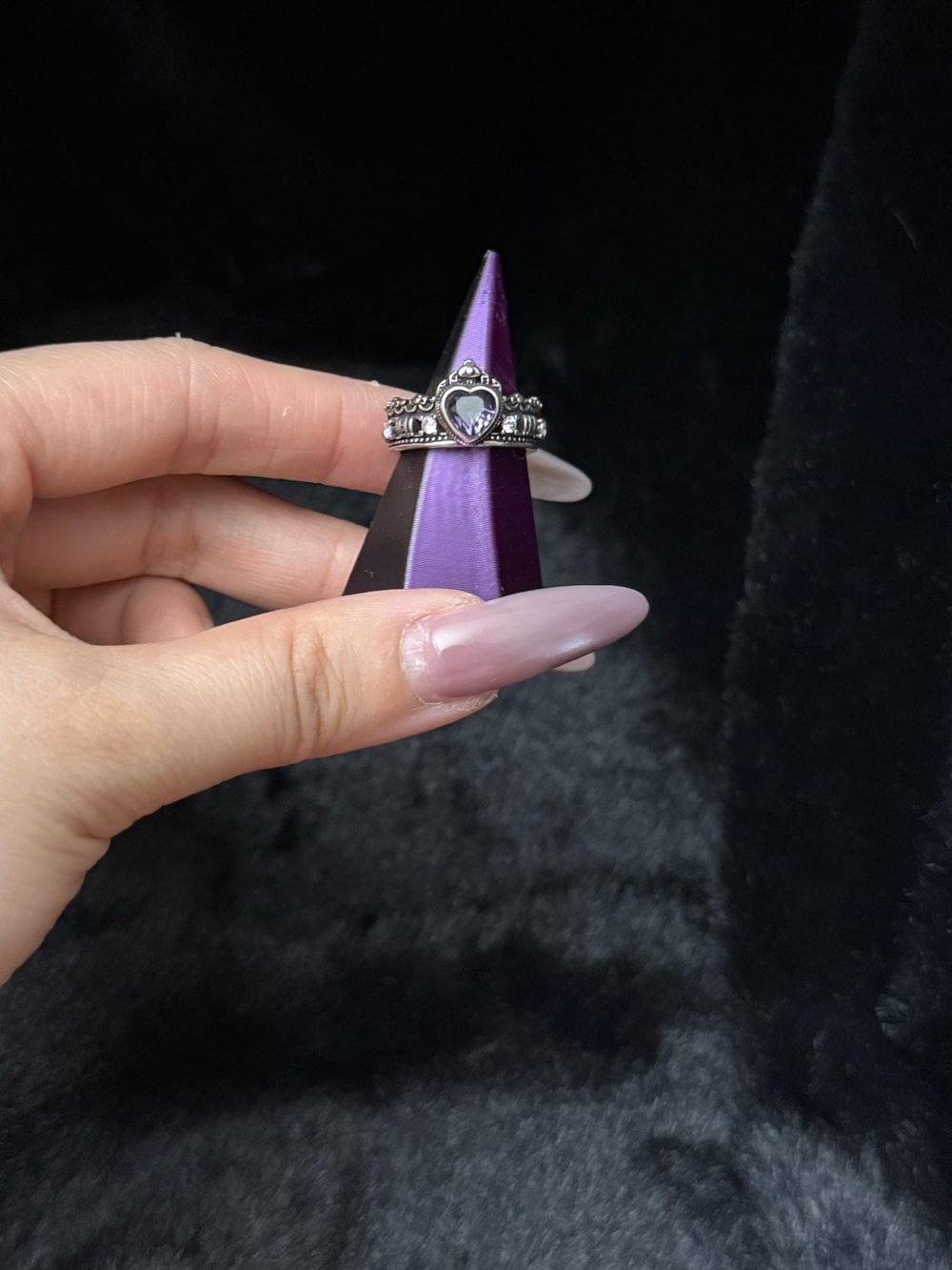 Vintage Silver Tone Open Band Ring Heart Purple Zircon Gothic Adjustable Ring